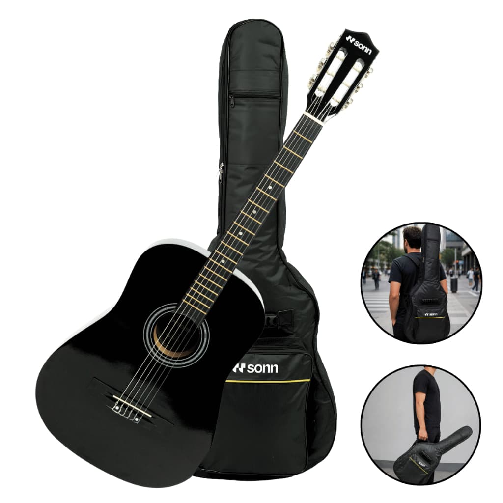 Kit Violao Acustico Nylon Sonn SNG-38C Natural Preto Com Tensor No Braco 18 Trastes + Capa Bag Luxo Oxford 600 Bolso Dup