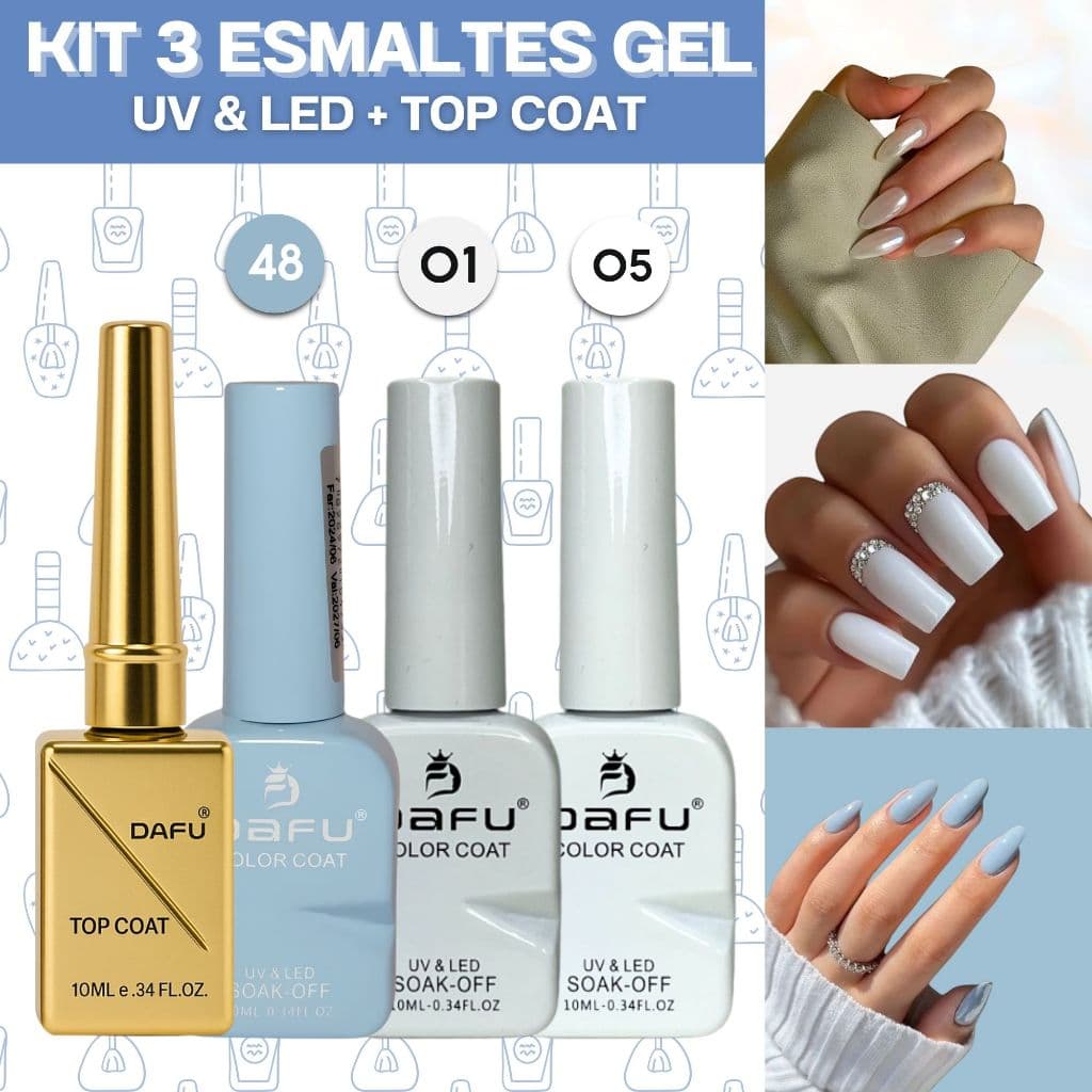 Kit 3 Esmaltes Dafu Gel UV LED Esmalte Gel Azul Branco Esmalte Cabine Top Coat