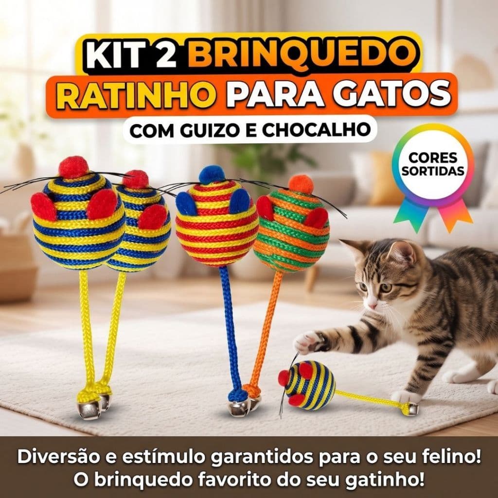 Kit 2 Brinquedo Ratinho Para Gatos Com Guizo E Chocalho Cores Sortidas