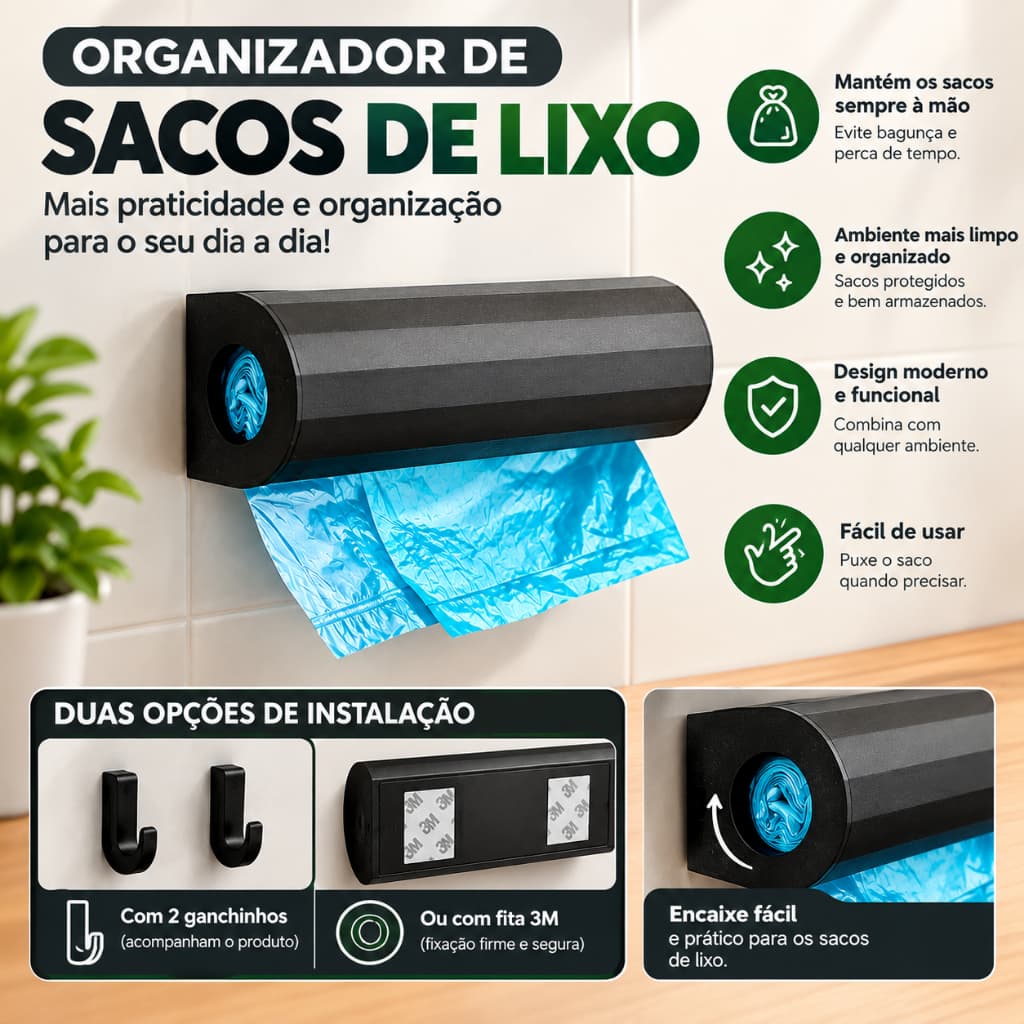 Organizador de Sacos de Lixo de Parede Dispenser Porta Saco com 2 Ganchos ou Fita 3M