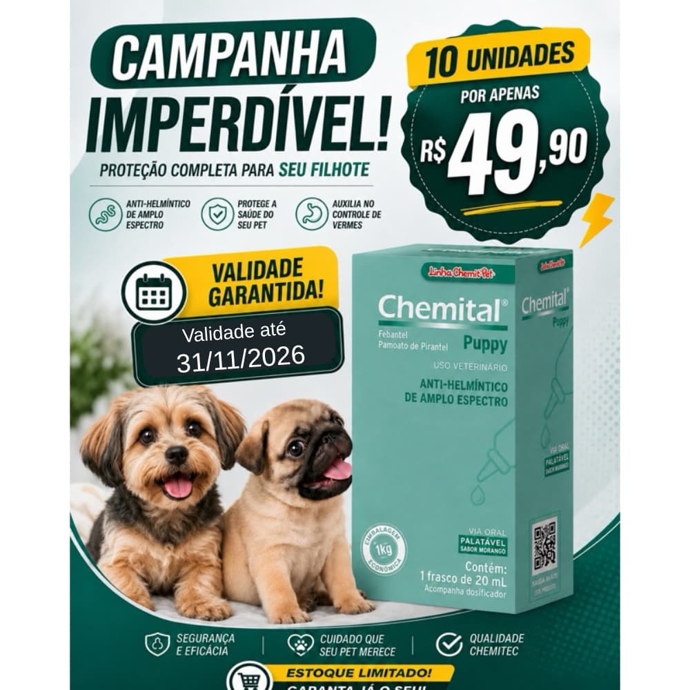 CHEMITAL PUPPY 20ML VERMÍFUGO CÃES -10 unidades