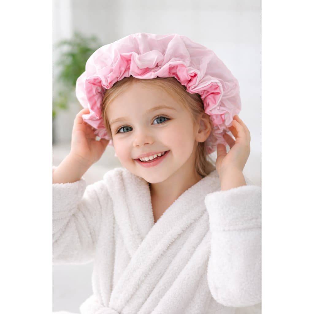 Touca de banho infantil Impermeável forrada com Cetim, anti Frizz, ajustável e Confortável