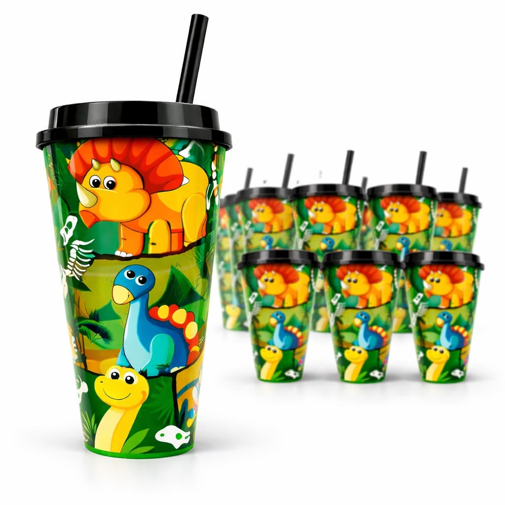 Copo Infantil Dinossauro 500ml Com Tampa e Canudo Plástico Resistente Reutilizável Festa Escolar