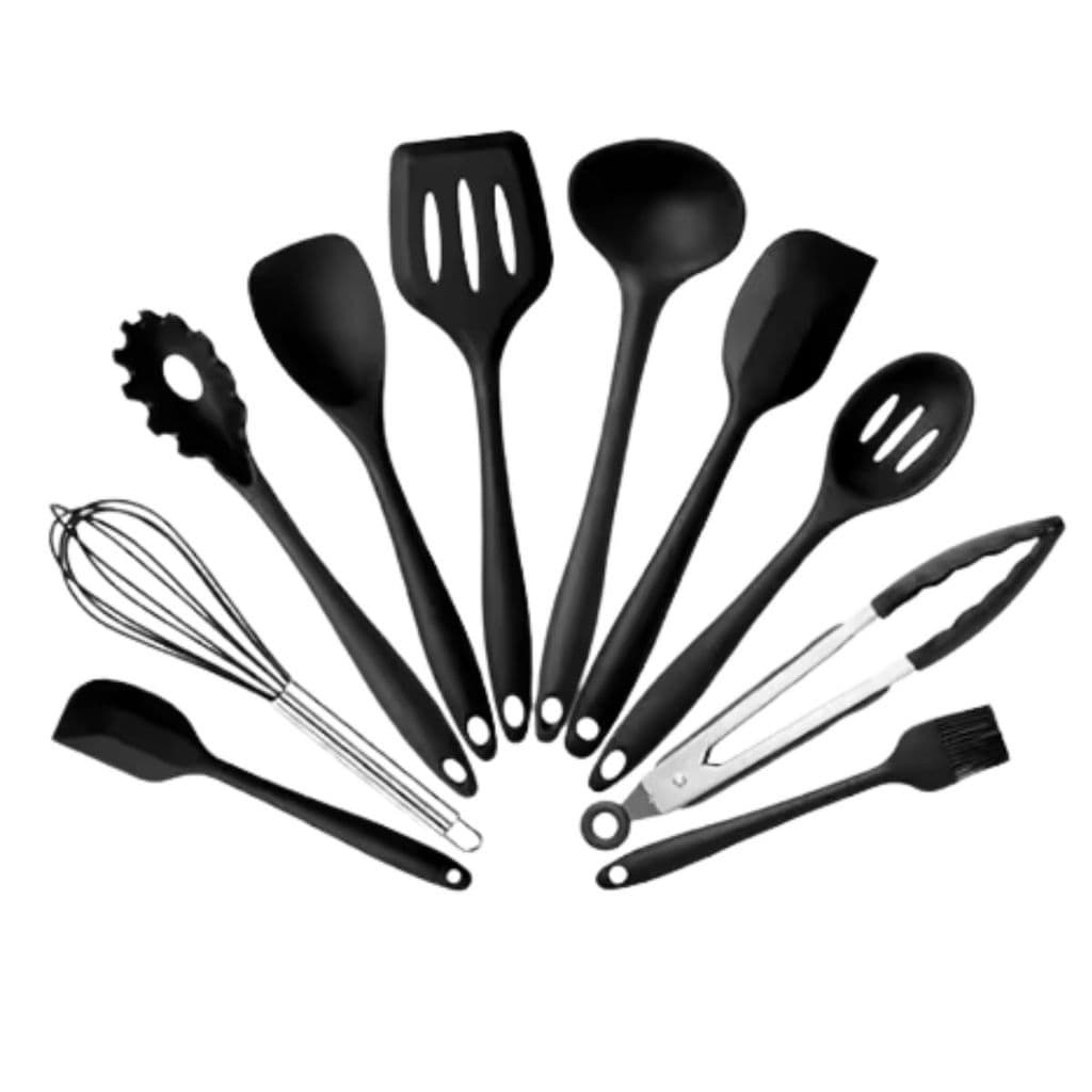 Jogo 10 Colheres De Silicone Cabo Inox Utensílios Cozinha