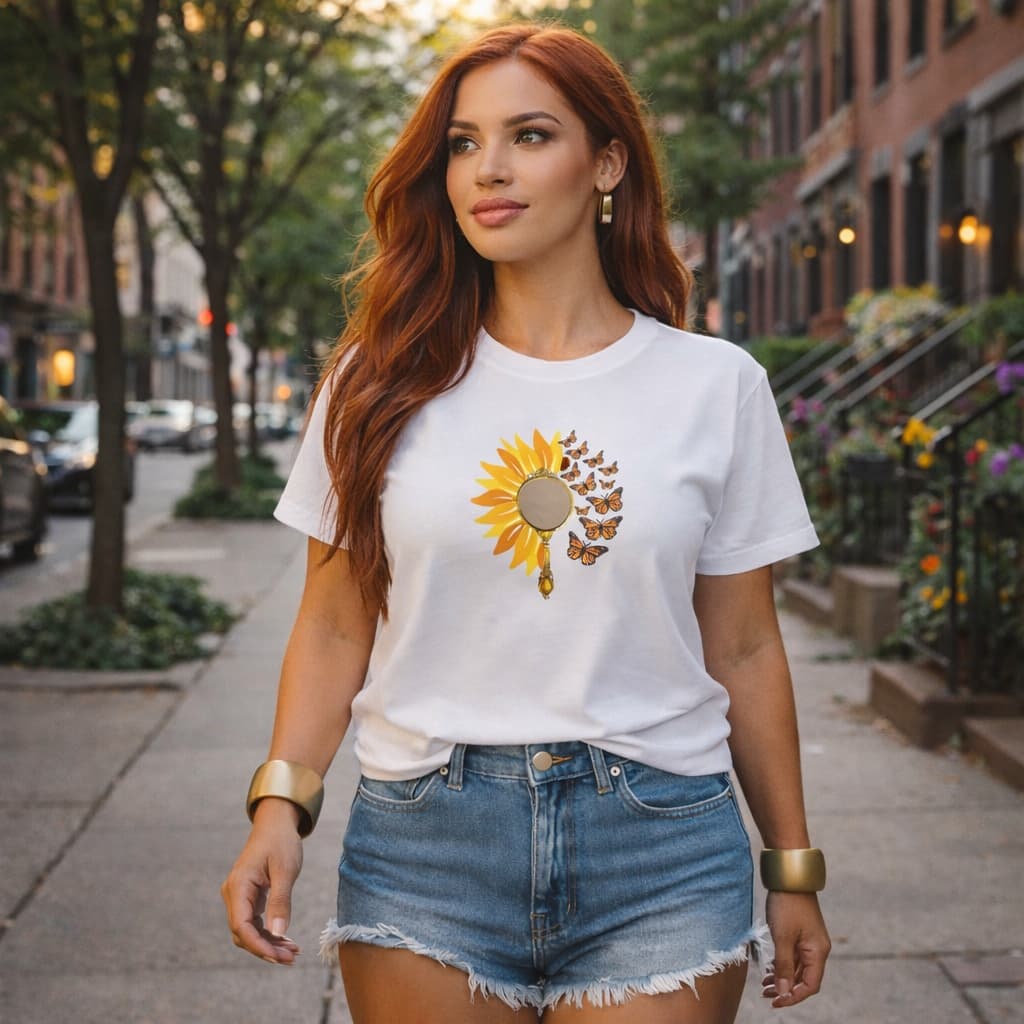 Camiseta Feminina Estampa Girassol Borboleta Algodão Casual Moda 2026
