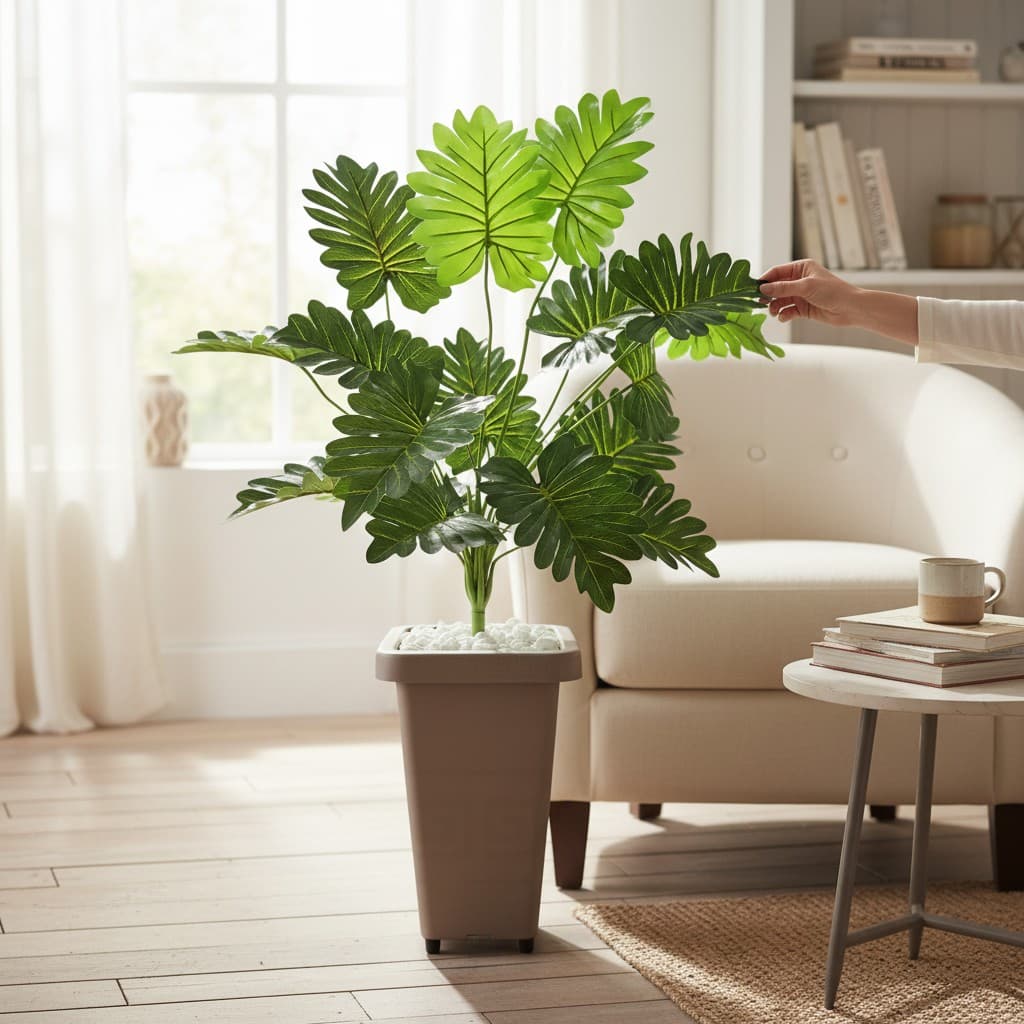 Arranjo Bananinha Decoração Artificial 18 Folhas + Vaso De Decoração Casa Sala Escritorio