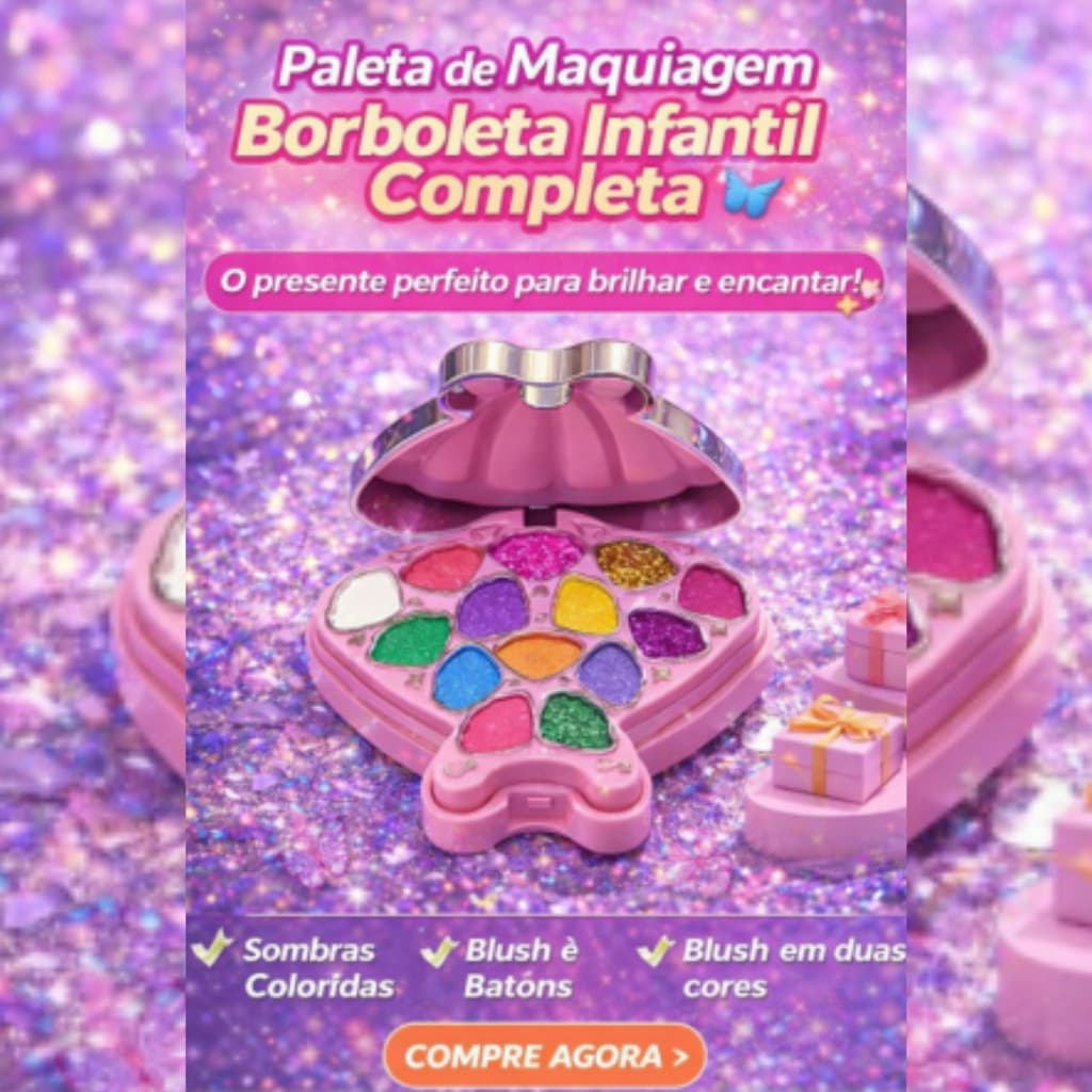 Paleta de Maquiagem Borboleta Infantil Completa com Espelho + Blush + Sombras + Batom | Estojo Fofo Presente