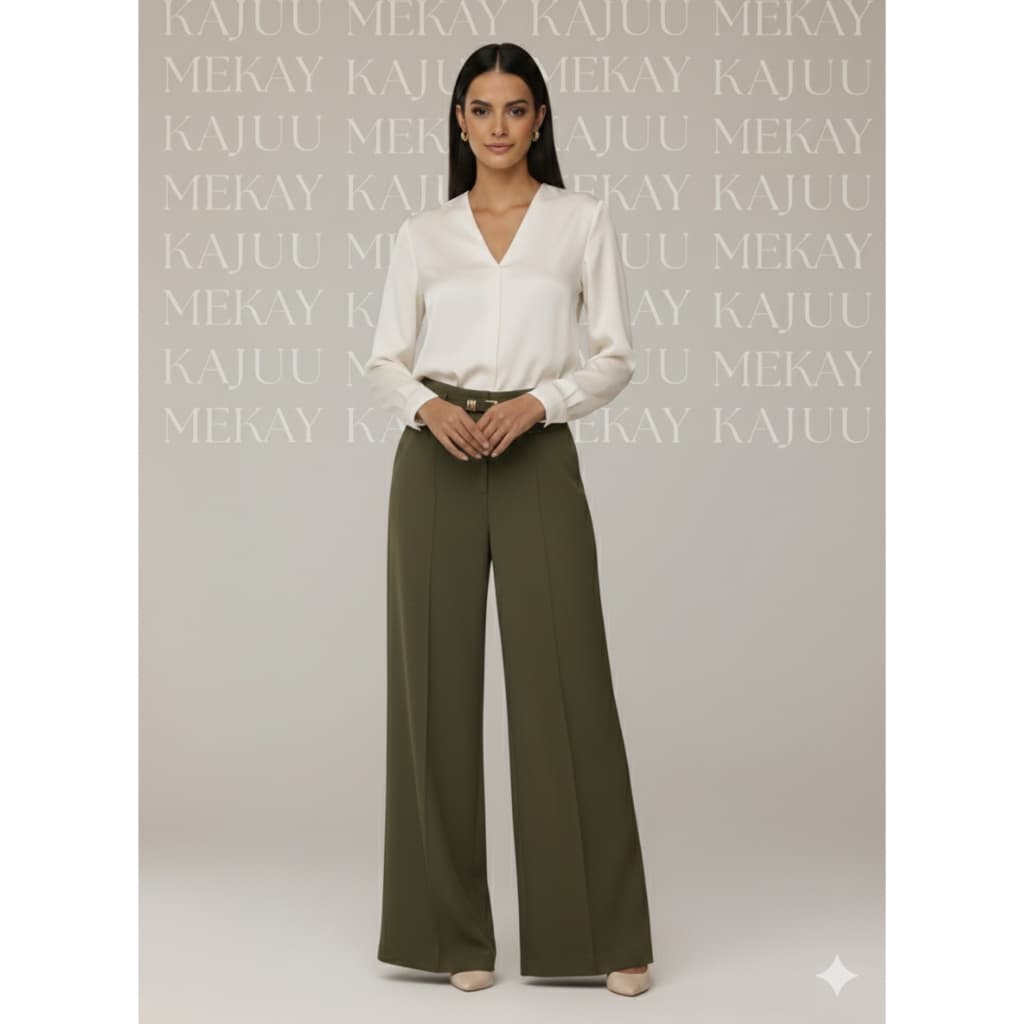 Calça Pantalona Feminina Alfaiataria Bolso e Cinto Elegante