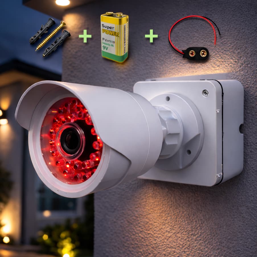 KIT Completo Câmera Bullet Branca Falsa   + Bateria 9V c/ Conector & Parafusos + Caixa de Proteção