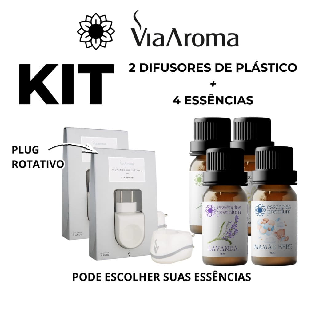 2 Difusores Aromatizador Elétrico Standard Bivolt Via Aroma + 4 Essências Aroma Premium 15 ml