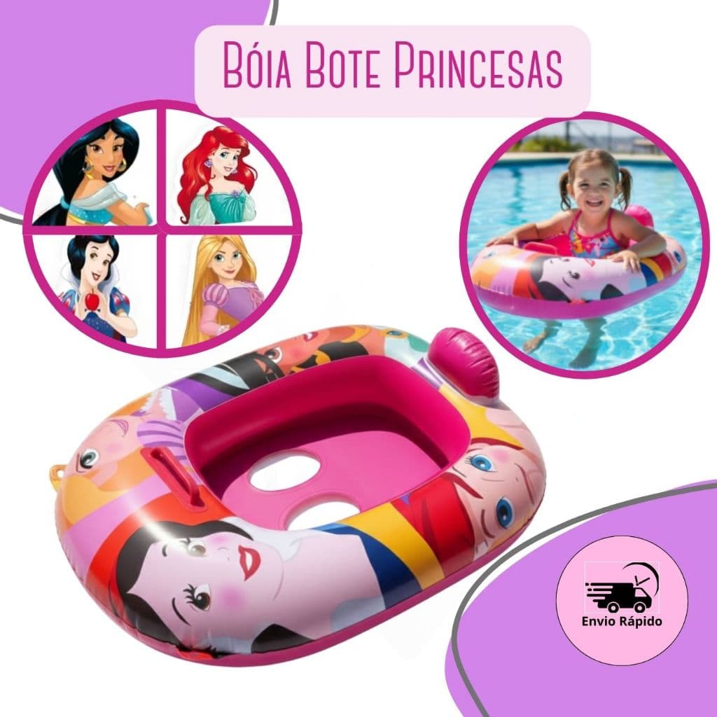 Boia Bote Infantil Inflável com Fralda das Princesas da Disney Para Piscina Rio Lagoa Praia Rosa