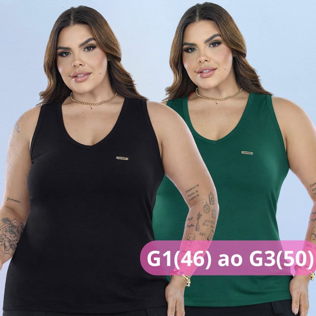 Kit 2 Blusa Regatão Plus Size Feminina Malha Viscolycra Gola V Regata Básica Conforto Moda Elegante para Academia