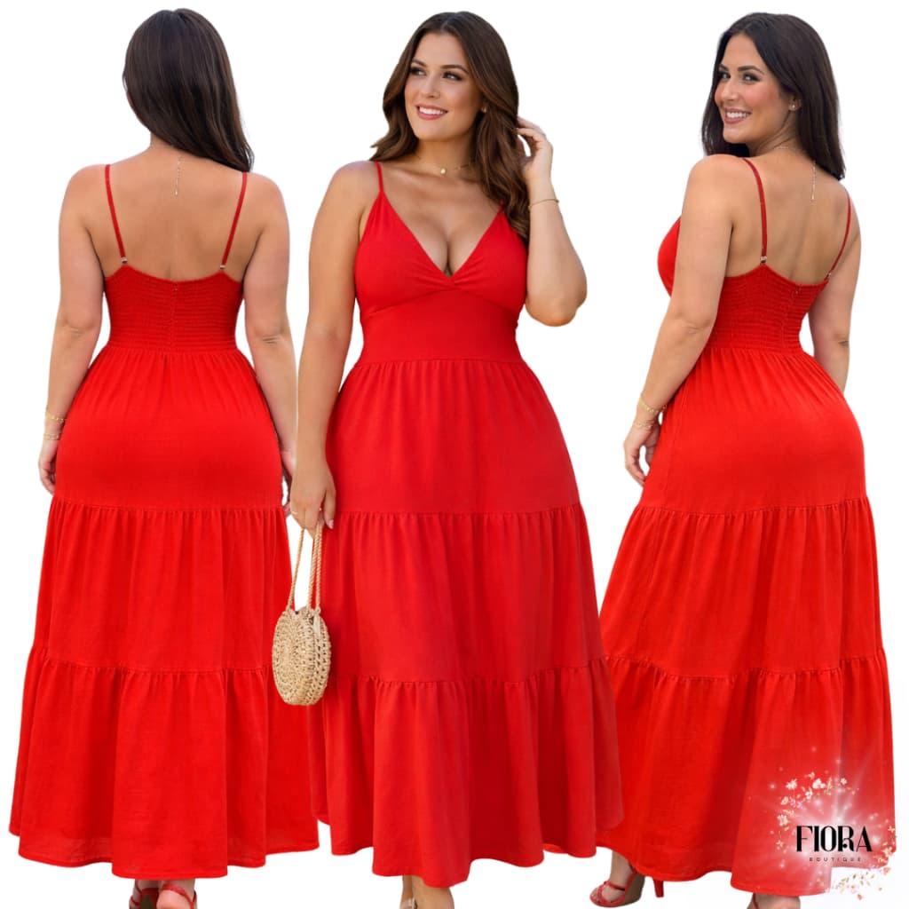 Vestido Longo Feminino Adulto do 36 ao 54 Plus Size Duna Com Bojo Decotado Alça Ajustável VERMELHO
