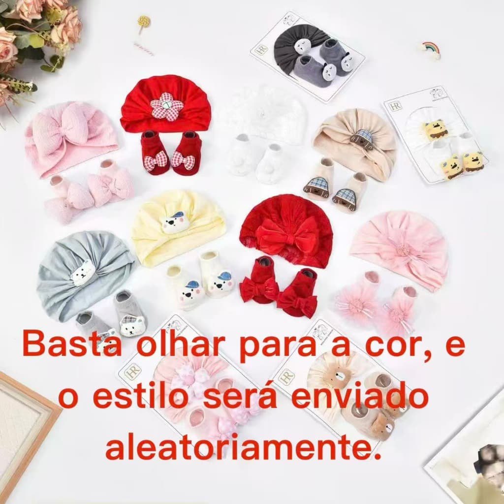 Conjunto de gorro de bebê e meias de cano médio com laço de doce, ideal para presentear recém-nascidos no primeiro anive