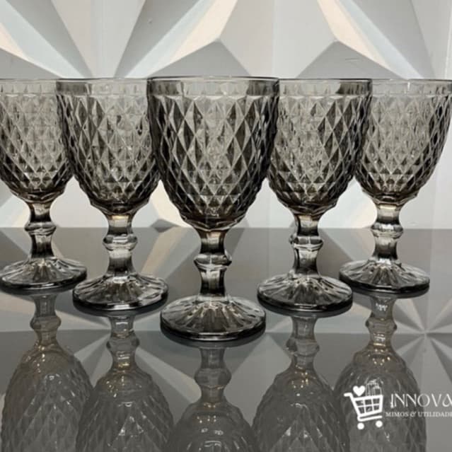 Jogo de Taças Vidro FUMÊ/CINZA Bico de Abacaxi Copo Diamond 325ml