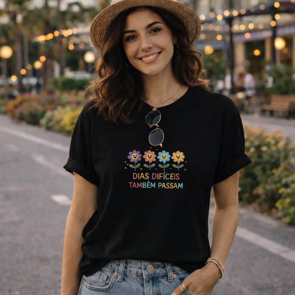 Camiseta Feminina Dias Difíceis Também Passam Algodão Premium Estampada Motivacional Casual