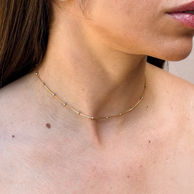 Colar Choker Feminino Bolinha Banhado a Ouro 18K ou Ródio Branco Minimalista