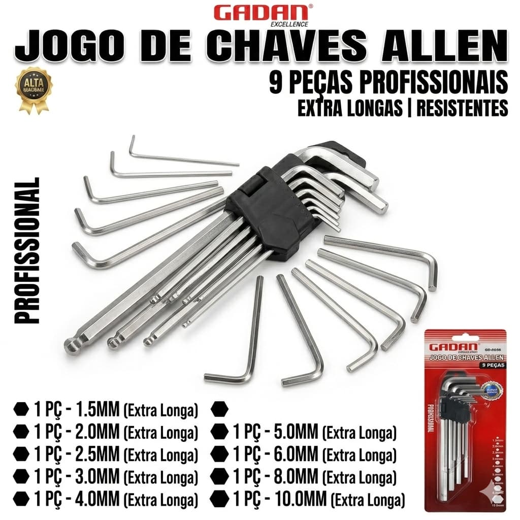 Kit Jogo de Chaves Allen Longa Gadan – 9 Peças Cada – Profissional e Resistente