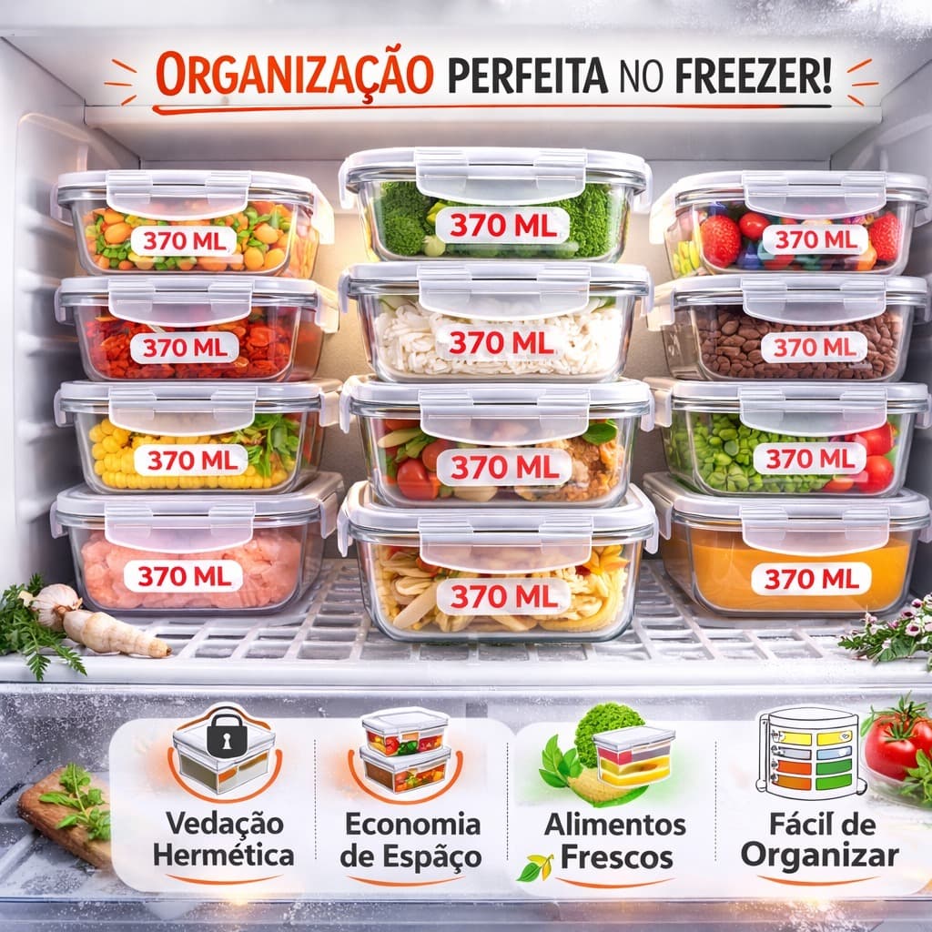 Kit  Potes de Vidro 370ml Hermético Marmita Fit com Tampa 4 Travas