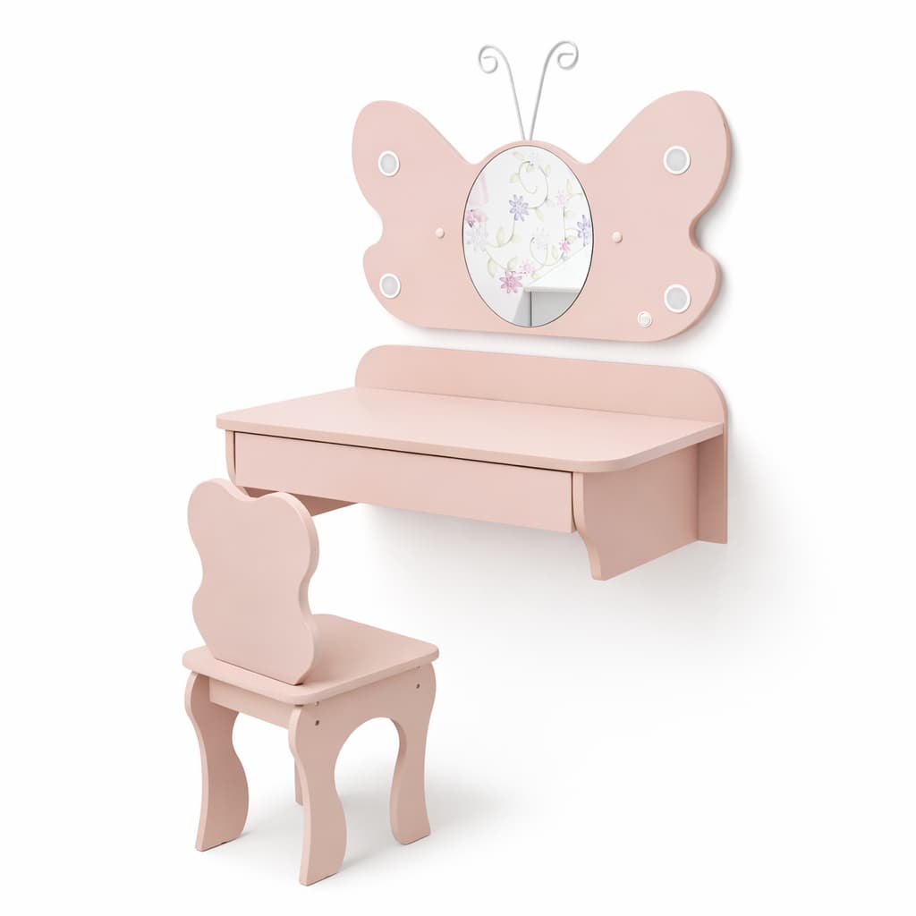 Penteadeira Infantil Em MDF Iluminação LED Embutido Espelho Banqueta Inclusa Criança Quarto Rosa
