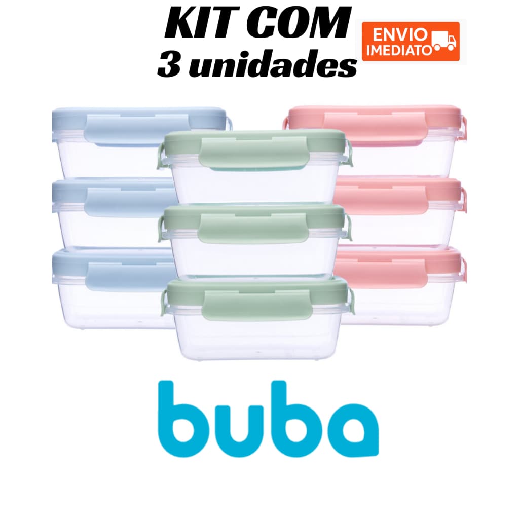 Kit 3 Pote Buba Herméticos Com Tampa AntiVazamento potinhos com trava Azul Rosa Verde Lancheira