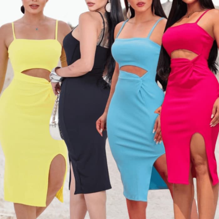 Vestido Feminino Midi Alças Com Recorte e Fenda em Tecido Anarruga Tendência Sensual e Elegante Moda