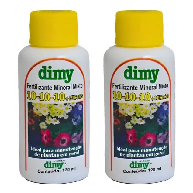 Kit 2 Adubos Líquidos Dimy NPK 10-10-10 120ml Fertilizante para Plantas Flores Hortas e Jardins