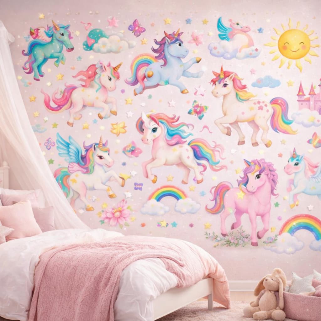 Adesivo 3D Unicórnio Infantil Gigante 66cm Glitter Cartelas Decorativo Quarto Menina