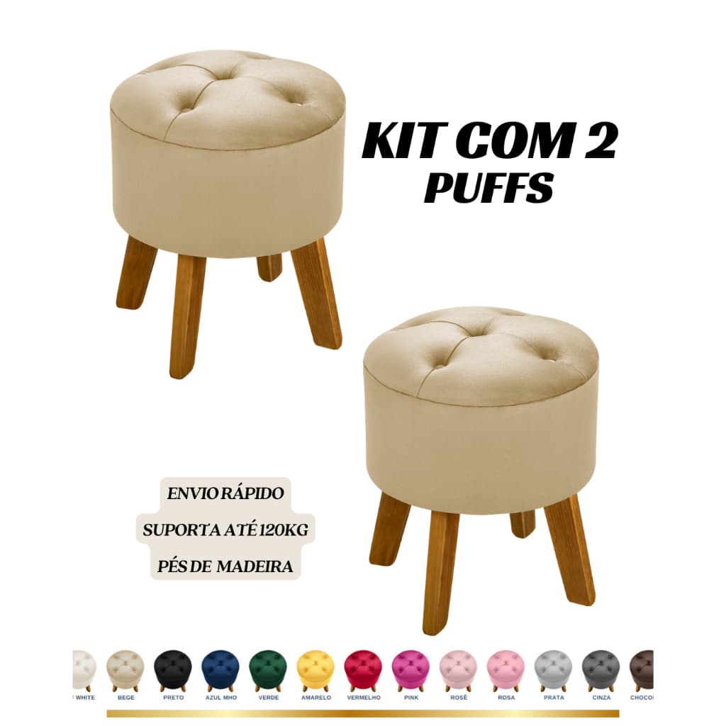 Puff redondo kit 2 unidades pé madeira em capitonê veludo sala escritório