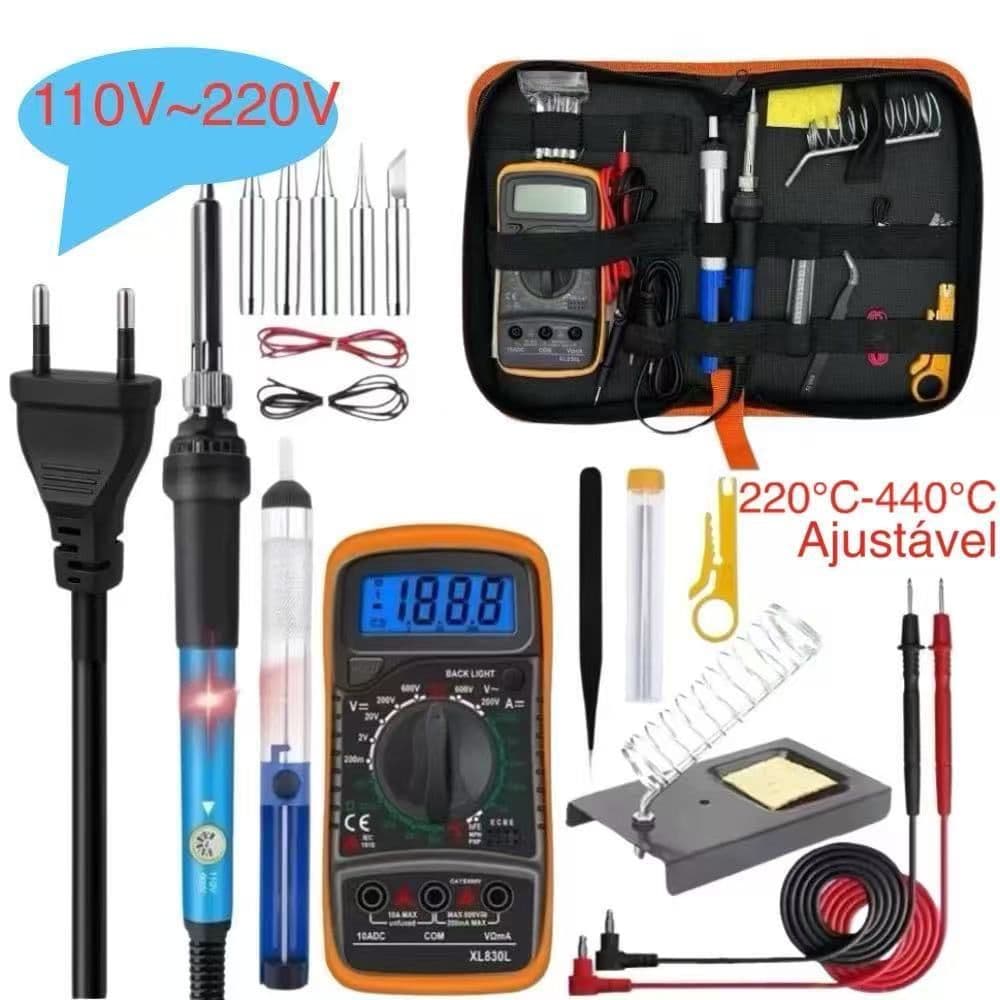 Kit Completo Ferro de Solda 60W 110V ou 220V  + Com Multímetro Digital e Acessórios