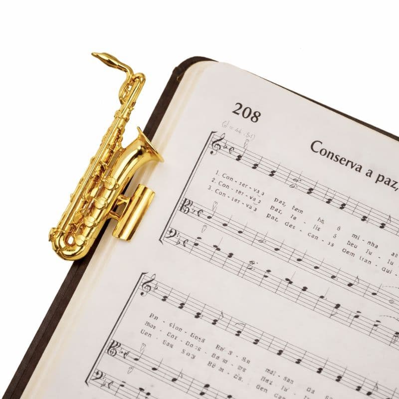 Prendedor de Partitura luxo modelo saxofone barítono com flash de ouro, 2 unidades.