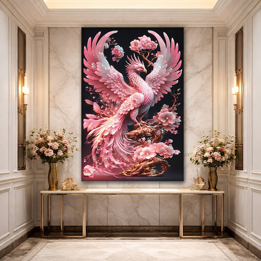 Quadro Decorativo Pintura Mosaico Fênix Rosa E Flores Motivação Elegante Luxo |Decoração Sala Quarto