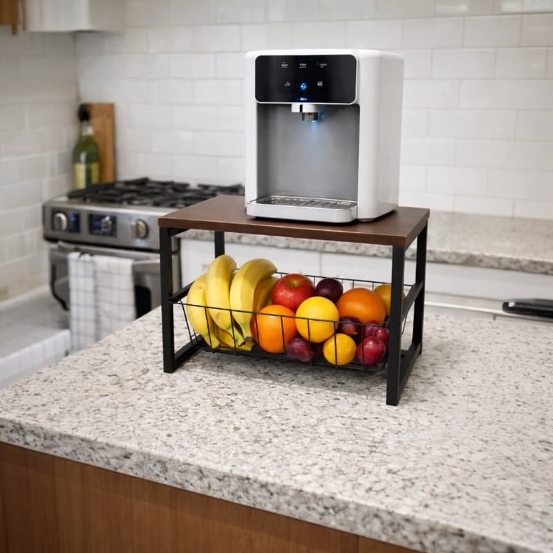 Fruteira Para Bancada Mesa Cozinha Preto Tampo MDF Amadeirado/ Preto Kit e Unitária