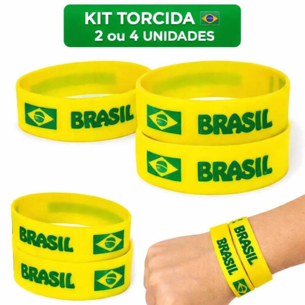 Kit 2 ou 4 Pulseiras Brasil Silicone Copa do Mundo Torcida Futebol Acessórios Torcedor Seleção Brasileira Família Amigos