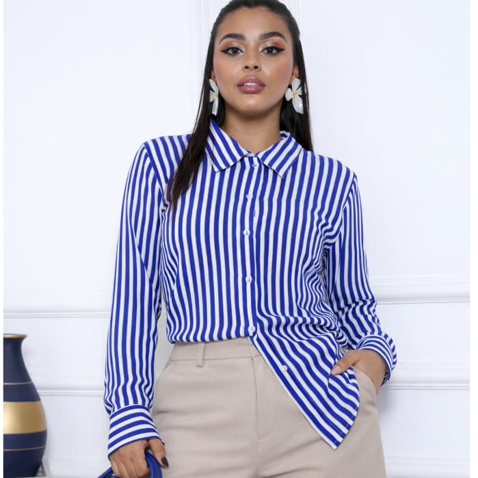 Camisa Social Feminina Listrada M G Tecido Duna Manga Longa Elegante Moda 2026 Escritorio Casual
