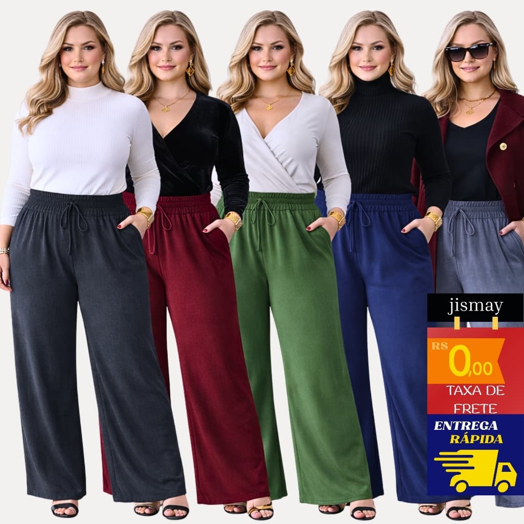 Calça Pantalona Feminina Duna Premium Cintura Alta com Bolso Wide Leg Elegante Plus size M ao G3