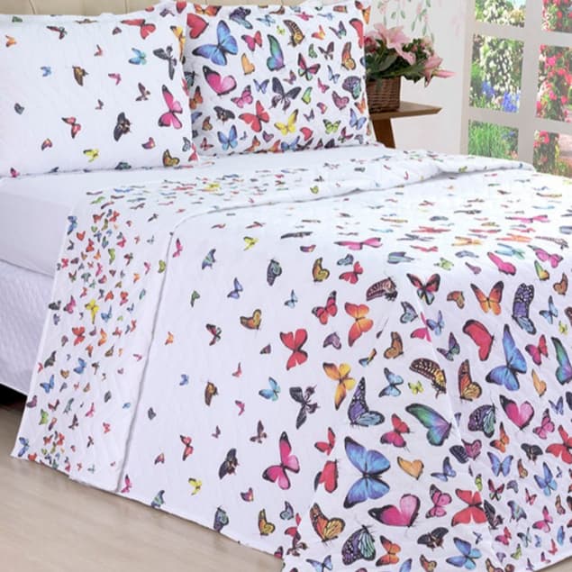 Queen Cobre Leito Colcha Borboletas Micropercal Luxo Estampado Premium Exclusivo 03 Peças