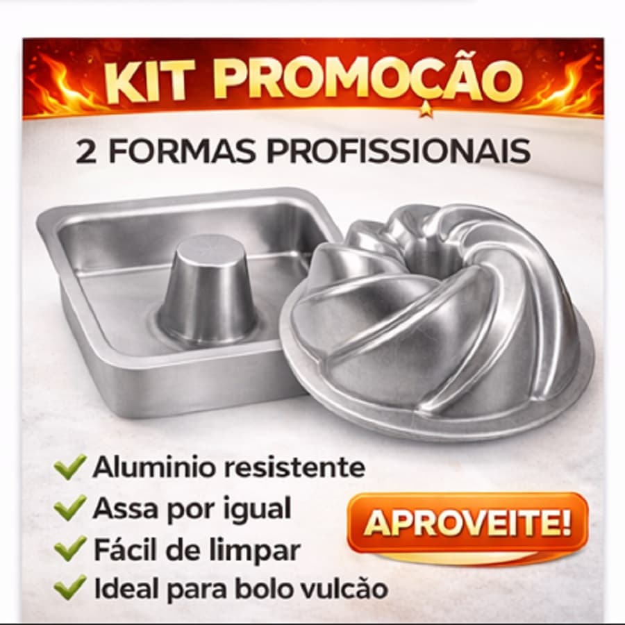 Kit 2 Formas de Bolo Alumínio – Forma Pudim Suíço Quadrada 20x7cm + Forma Bolo Vulcão Espiral 21x9cm