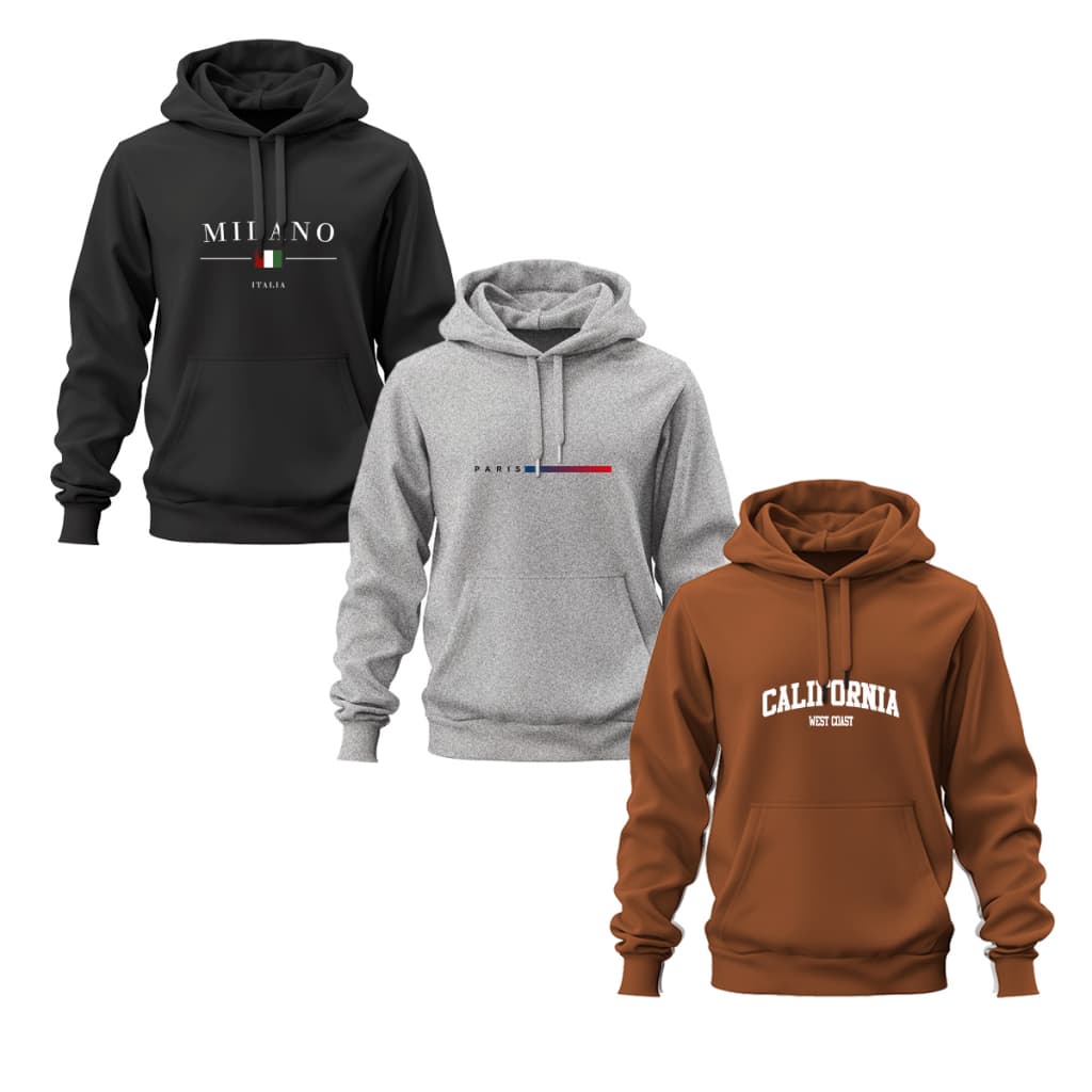 Kit 3 Moletom Canguru Milano Paris Califórnia Inverno Casual