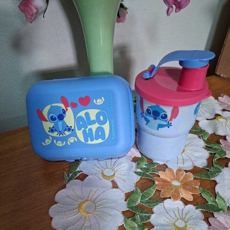 TUPPERWARE KIT INFANTIL COPO COM BICO E SNACK PEQUENO STITCH OHANA 2 PEÇAS