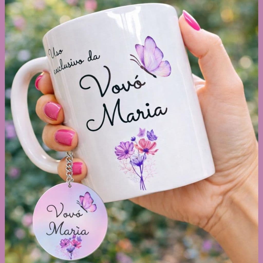 Kit Caneca Personalizada Vó+ chaveiro Mdf personalizado+ caixa coração presente vovó borboletas