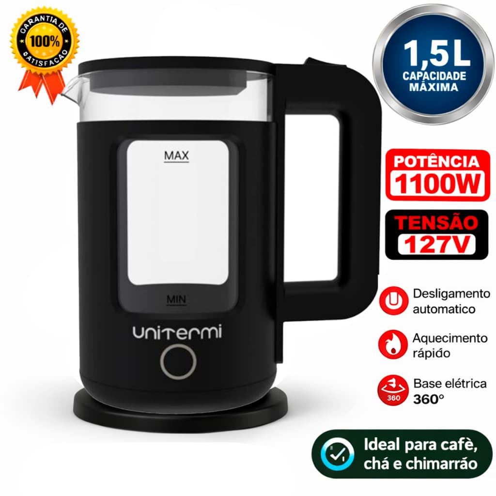 Chaleira Térmica 1,5L Elétrica de Vidro Com Desligamento Automático 1100W 127v Unitermi Mali Preta
