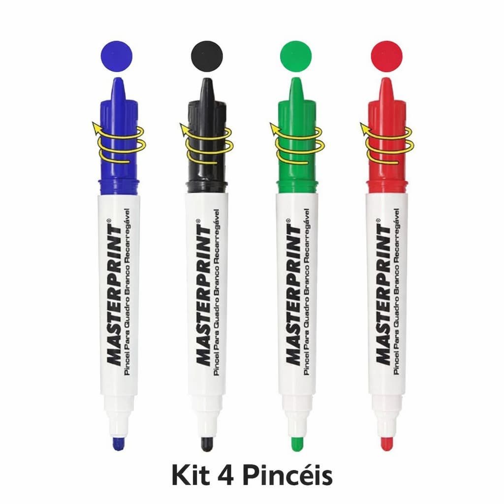 Kit 4 Pincéis Quadro Branco Recarregável Diversas Cores Azul Preto Vermelho Verde Masteprint
