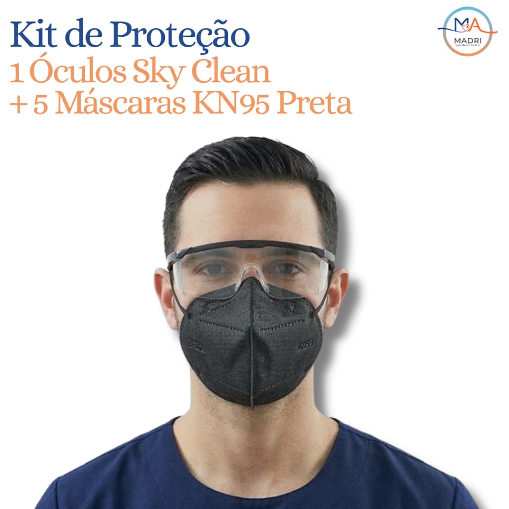 Kit 1 Óculos de Proteção Sky Clear + 5 Máscara KN95 Preta | EPI de Proteção Máxima
