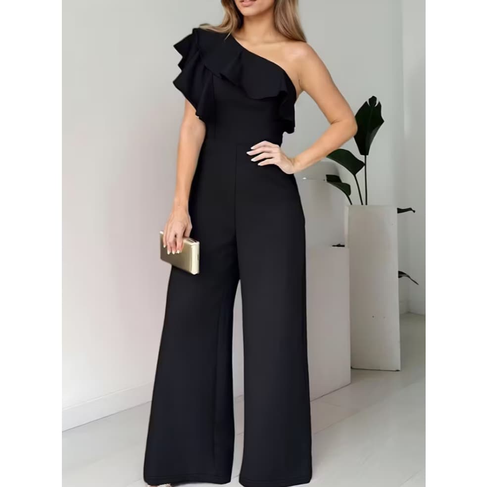 Macacão Feminino Elegante de Ombro Único com Babado, Cintura Alta e Pernas Retas Soltas