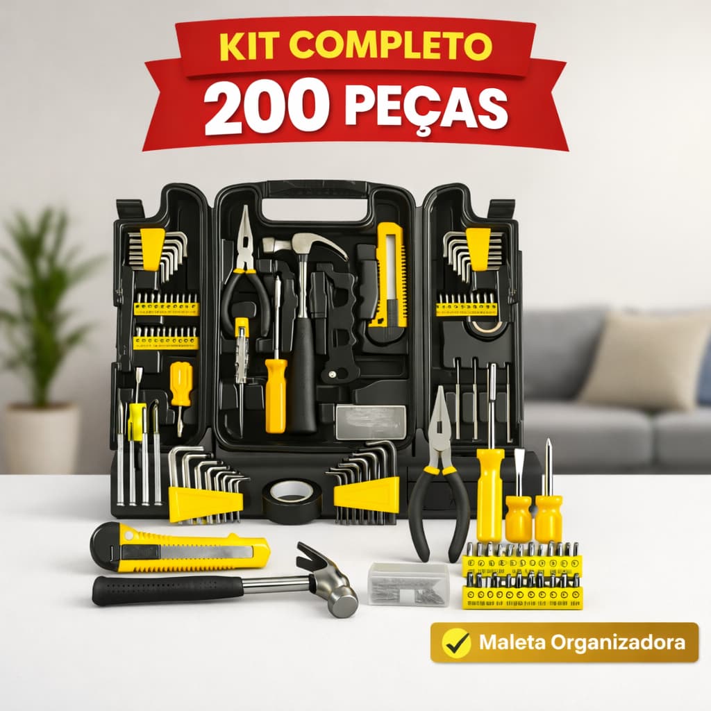 Jogo Ferramentas Maleta Preta Parafusos Chave Alicate Reparo Manutenção Martelo Estilete Prego