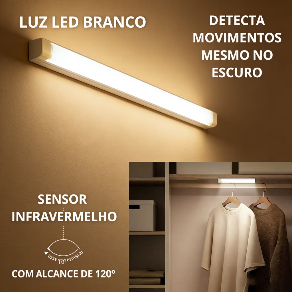Smart Luminária Inteligente Ultra LED com sensor de movimento sem fio e Recarregável USB fino barra 20/50cm