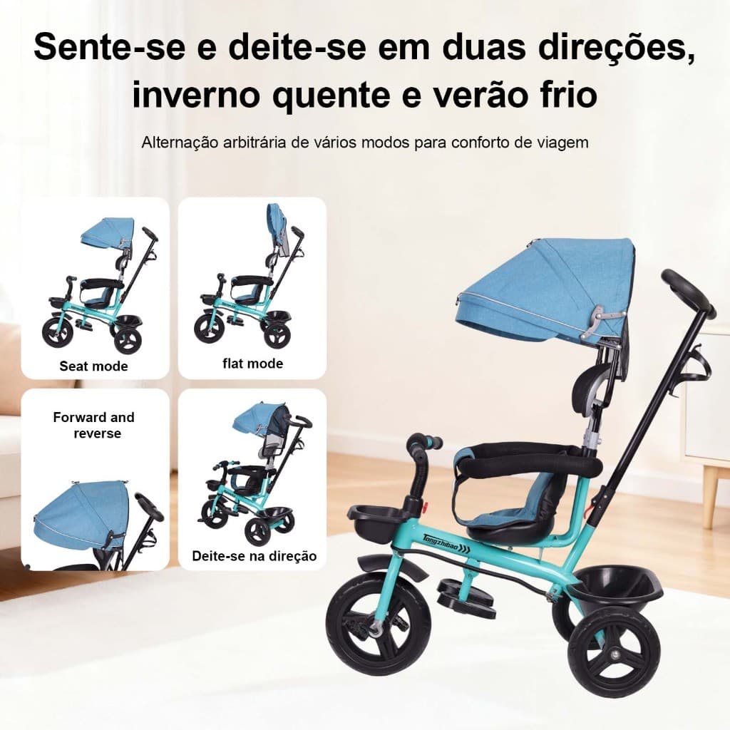 Triciclo Infantil 3 em 1 com Empurrador, Capota e Barra de Segurança para Bebê