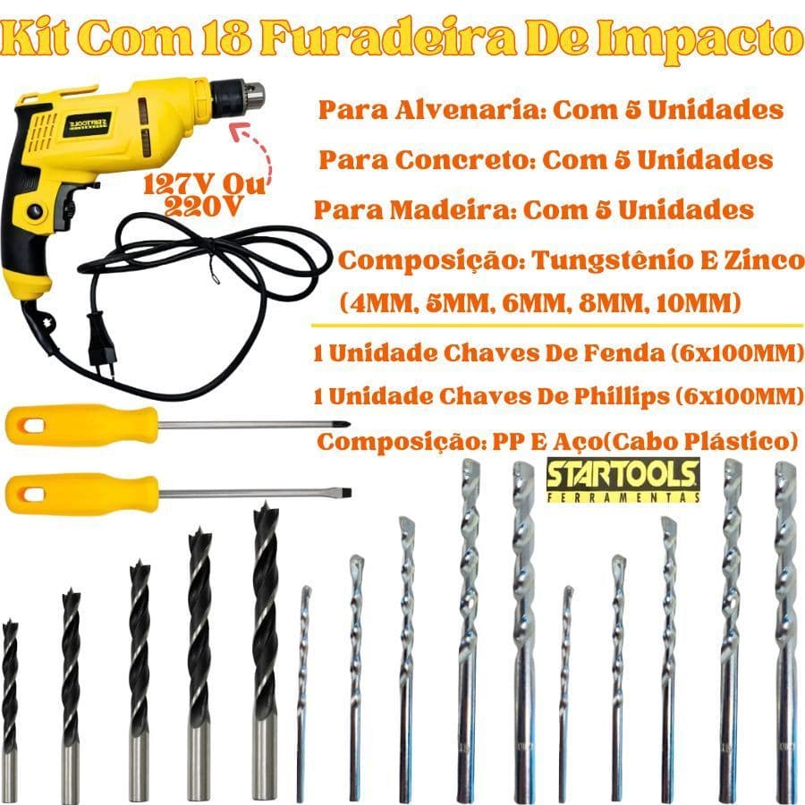 Kit Com 18 Furadeira De Impacto 127V Ou 220V Com Brocas De Alvenaria Concreto Madeira E Chaves Fenda
