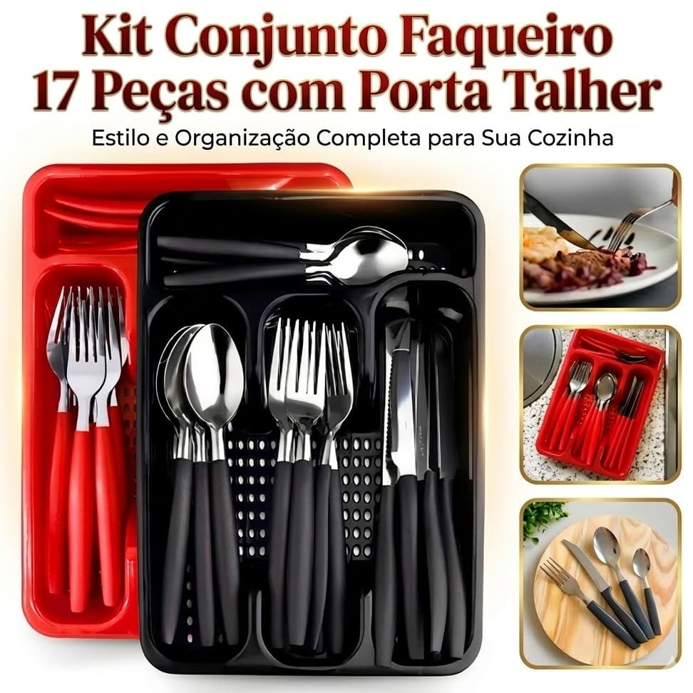 Conjunto Talheres  17 Peças com Porta Talher – Talheres Resistentes para Cozinha